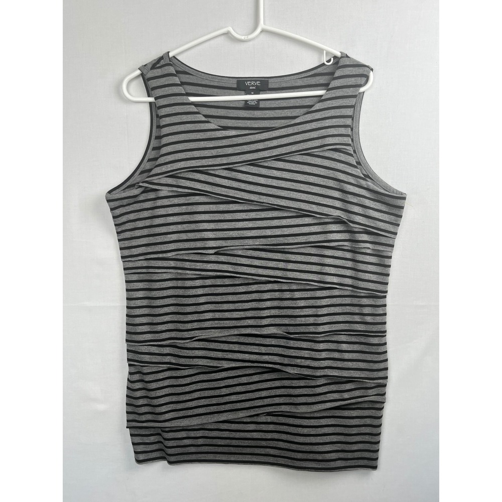 Verve Ami Womens 1X Tank Top Layered Tiered Striped Gray Black Sleeveless Scoop